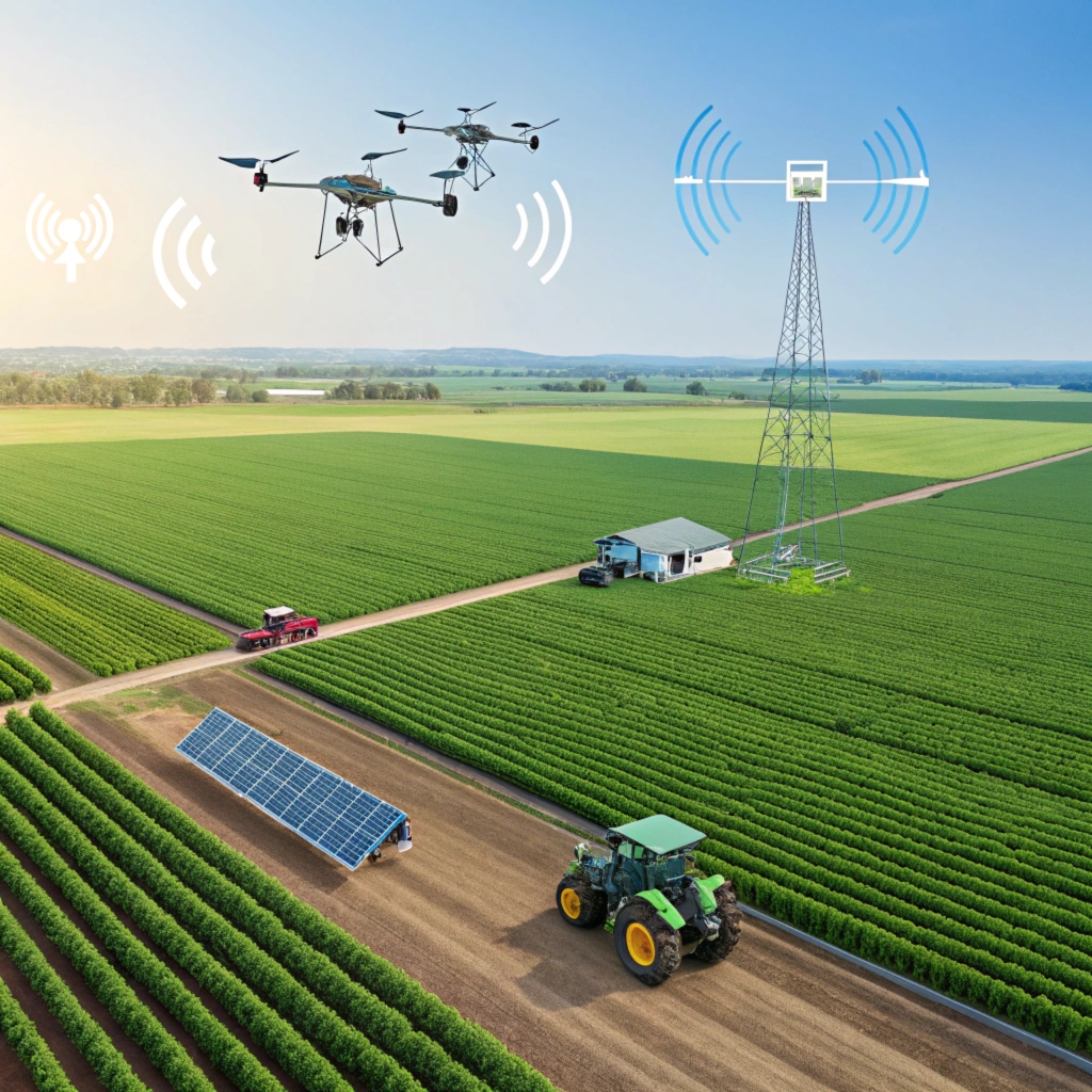 Smart farming with drones and IoT devices in a green field, modern agriculture technology.